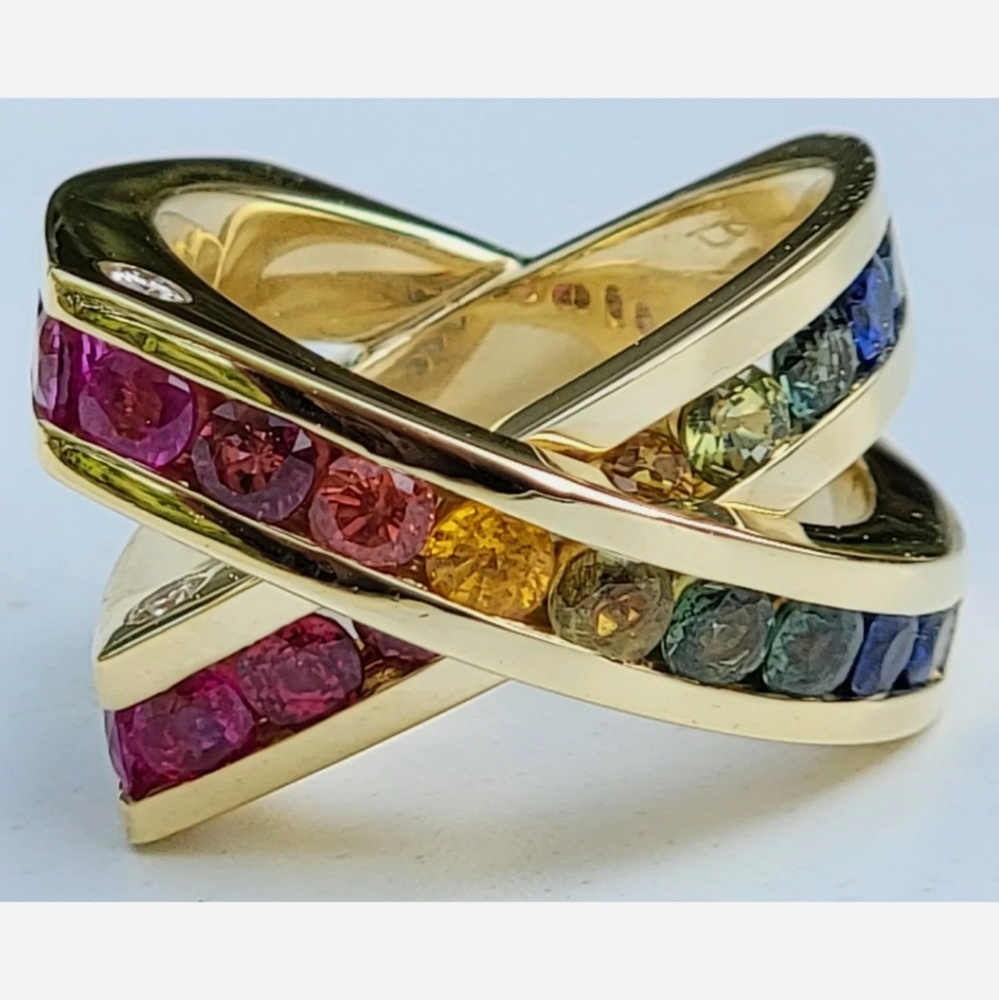 18k Gold Multi Color Sapphire Diamond Ring 23.3gm